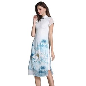Lotus Flowers Print Cheongsam Midi Cocktail Dress